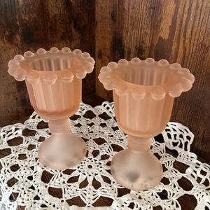 Vintage Frosted Pink Glass Candle Holders - Set of 2